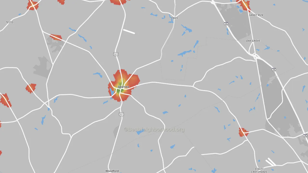 Walk Grade map of 29160, SC, walkable areas in green and car-dependent areas in red