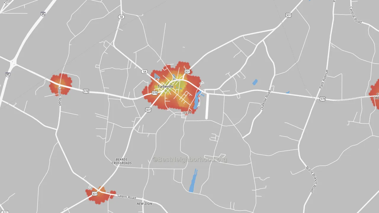 Walk Grade map of 29162, SC, walkable areas in green and car-dependent areas in red