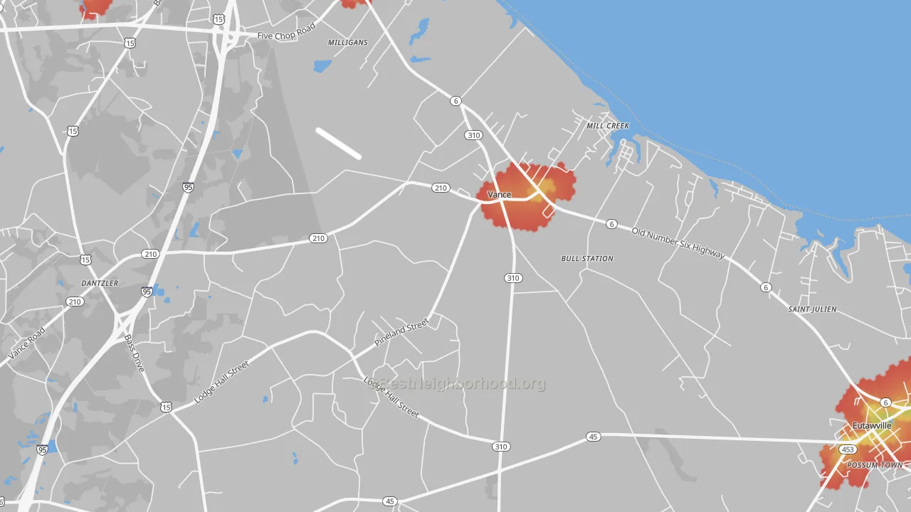 Walk Grade map of 29163, SC, walkable areas in green and car-dependent areas in red