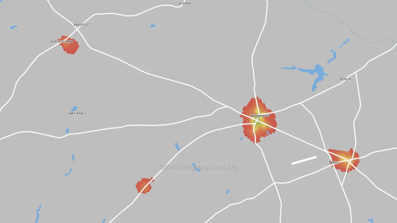 Walk Grade map of 29164, SC, walkable areas in green and car-dependent areas in red