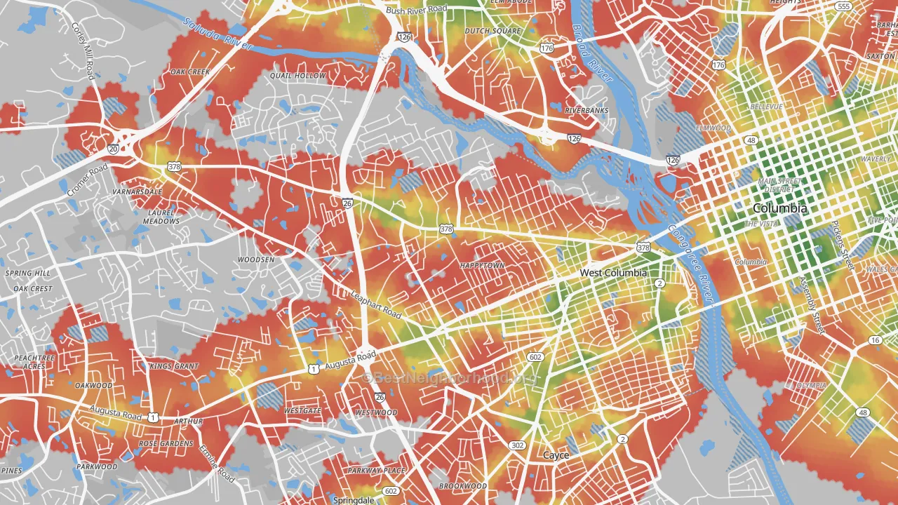 Walk Grade map of 29169, SC, walkable areas in green and car-dependent areas in red
