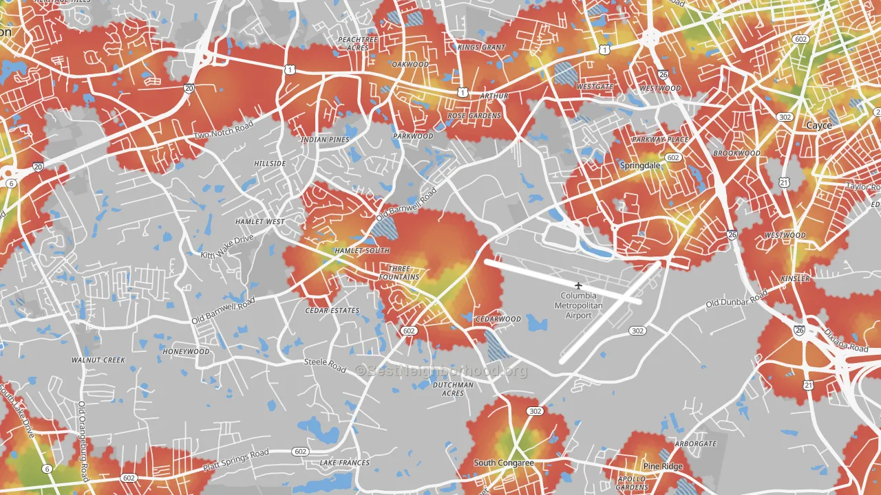 Walk Grade map of 29170, SC, walkable areas in green and car-dependent areas in red