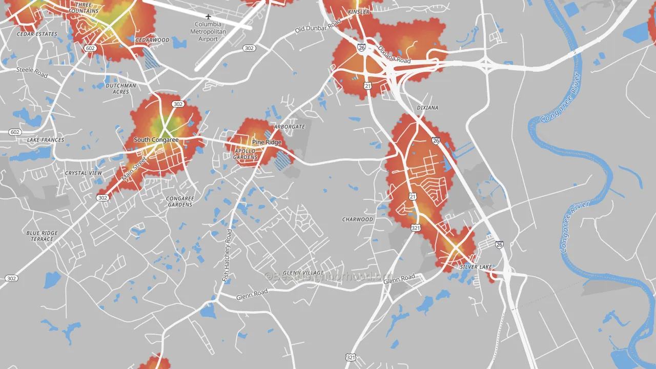 Walk Grade map of 29172, SC, walkable areas in green and car-dependent areas in red