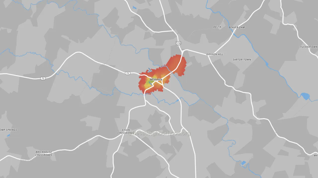 Walk Grade map of 29178, SC, walkable areas in green and car-dependent areas in red
