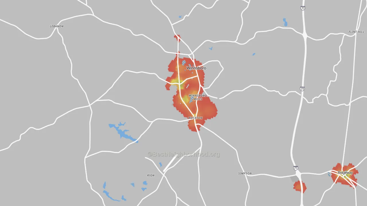 Walk Grade map of 29180, SC, walkable areas in green and car-dependent areas in red