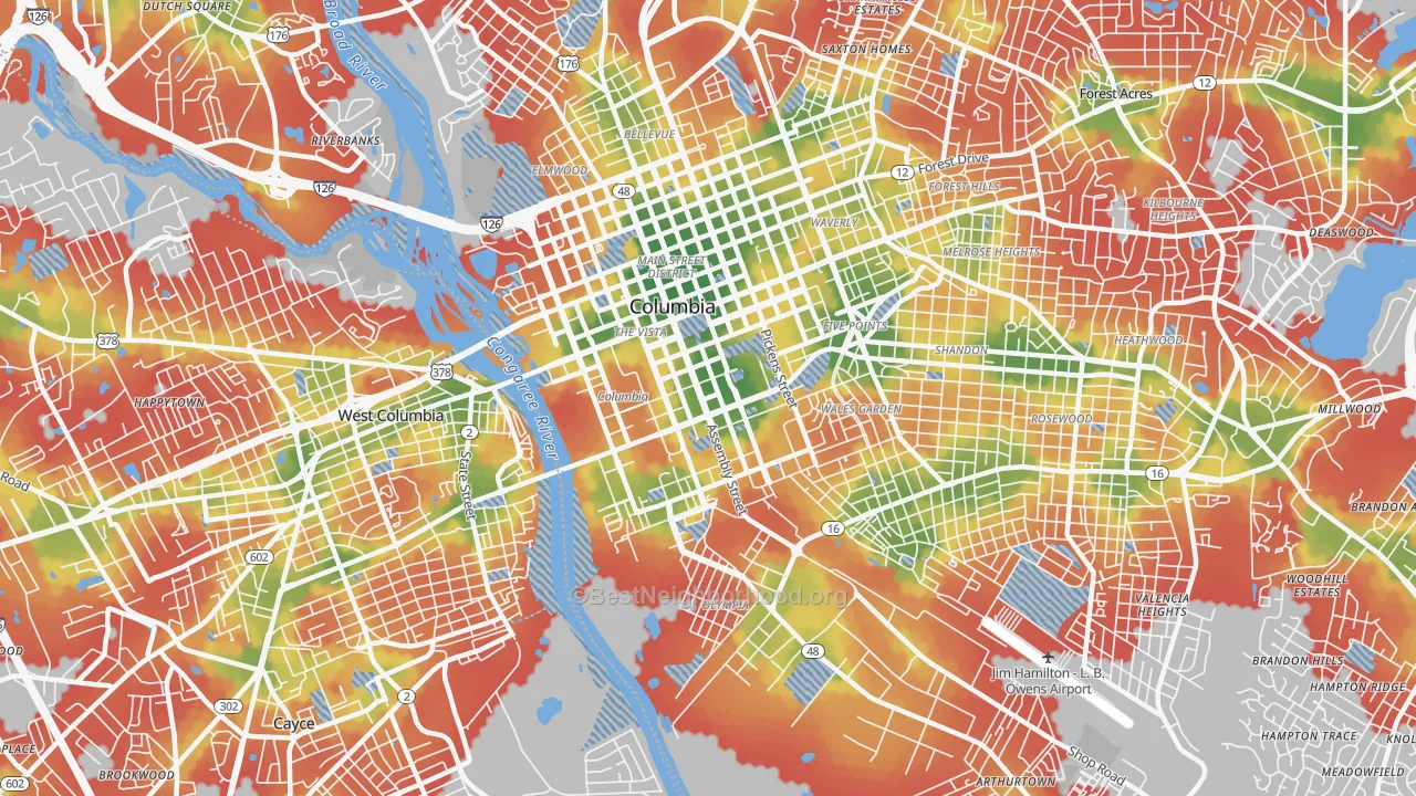 Walk Grade map of 29201, SC, walkable areas in green and car-dependent areas in red