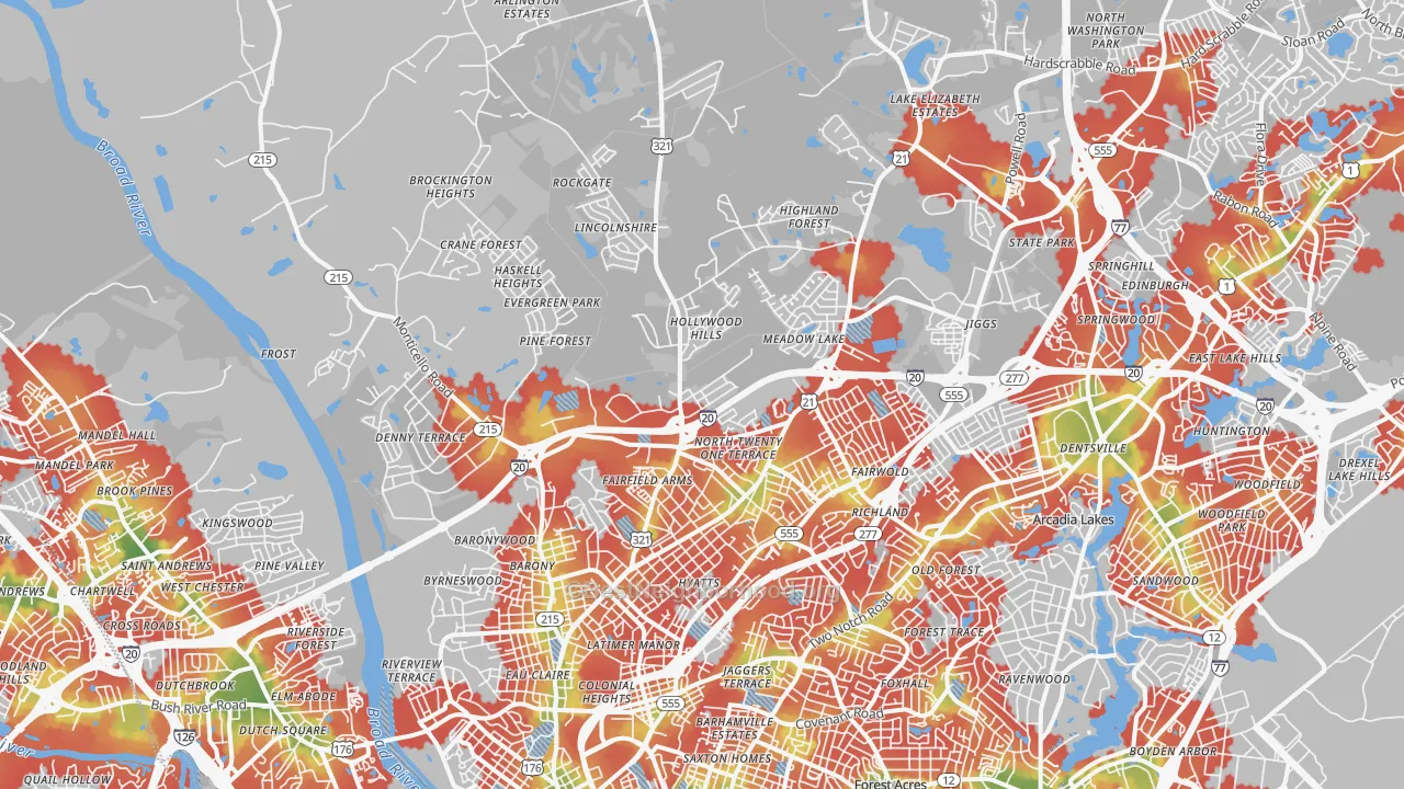 Walk Grade map of 29203, SC, walkable areas in green and car-dependent areas in red
