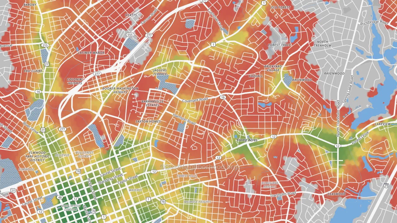 Walk Grade map of 29204, SC, walkable areas in green and car-dependent areas in red