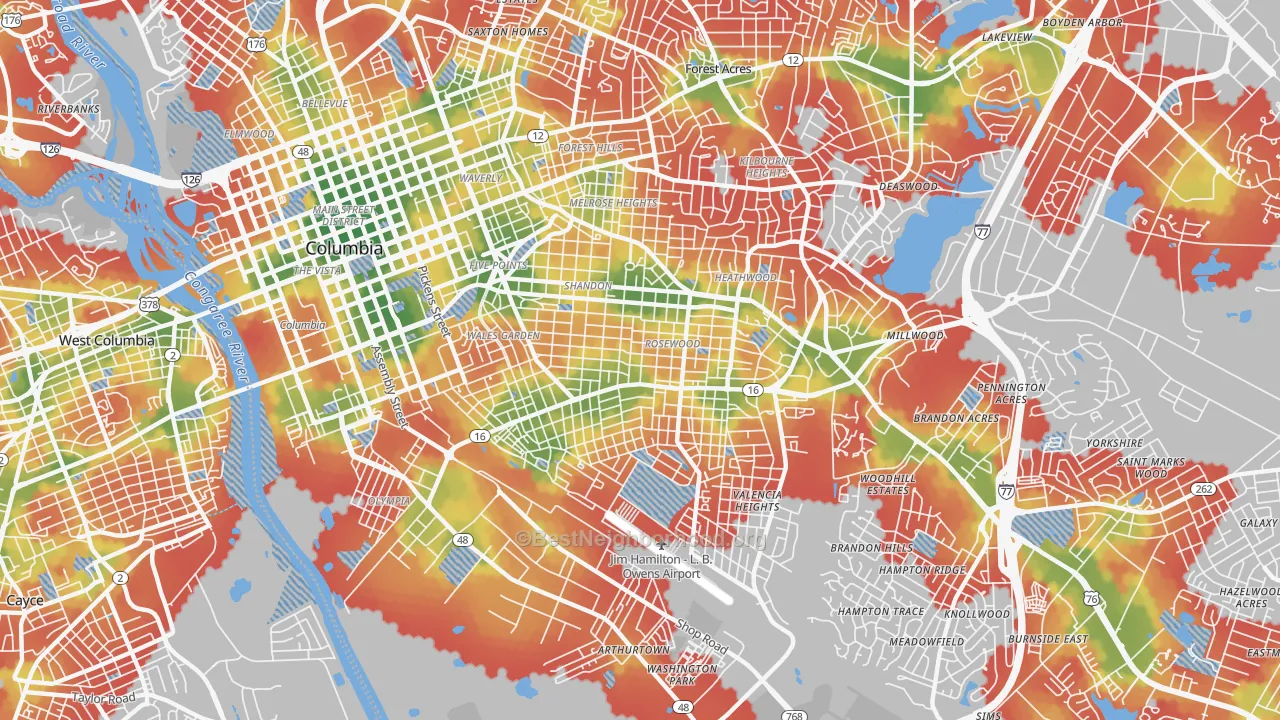 Walk Grade map of 29205, SC, walkable areas in green and car-dependent areas in red
