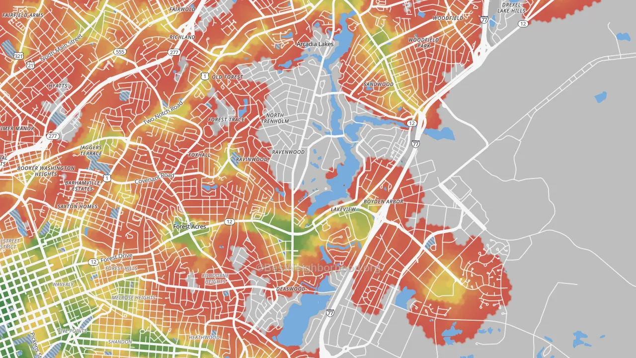 Walk Grade map of 29206, SC, walkable areas in green and car-dependent areas in red