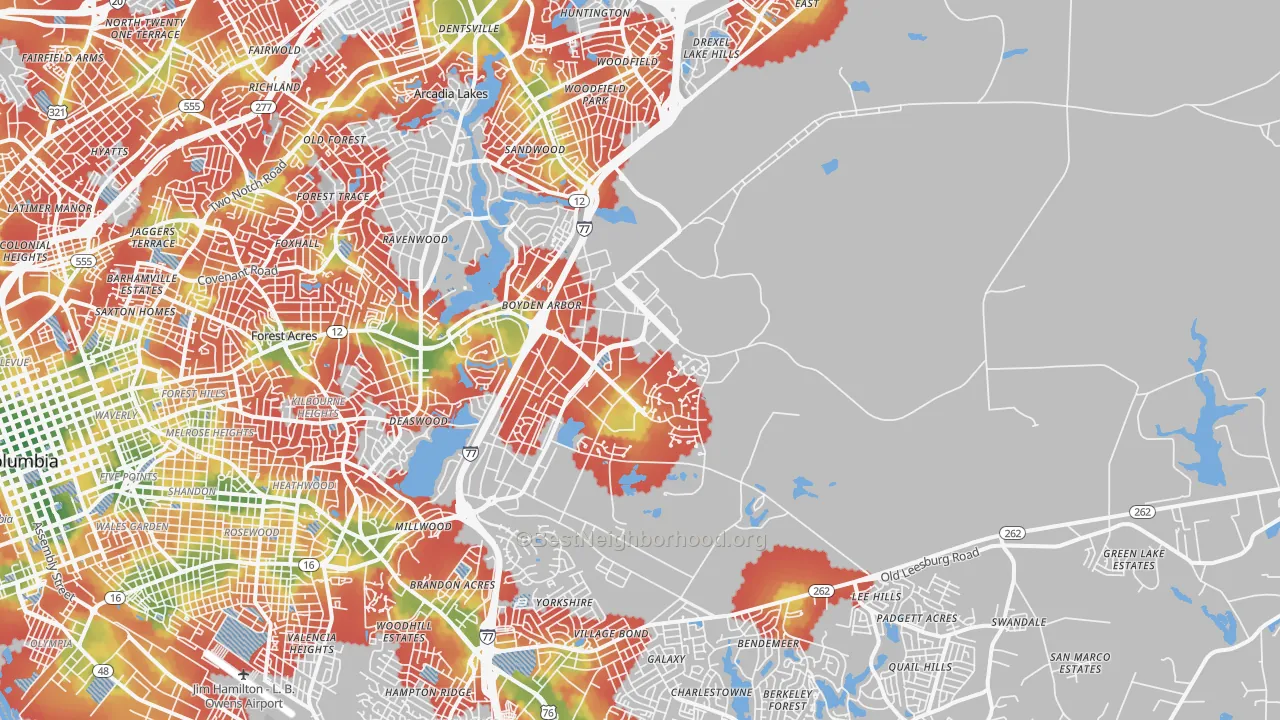 Walk Grade map of 29207, SC, walkable areas in green and car-dependent areas in red