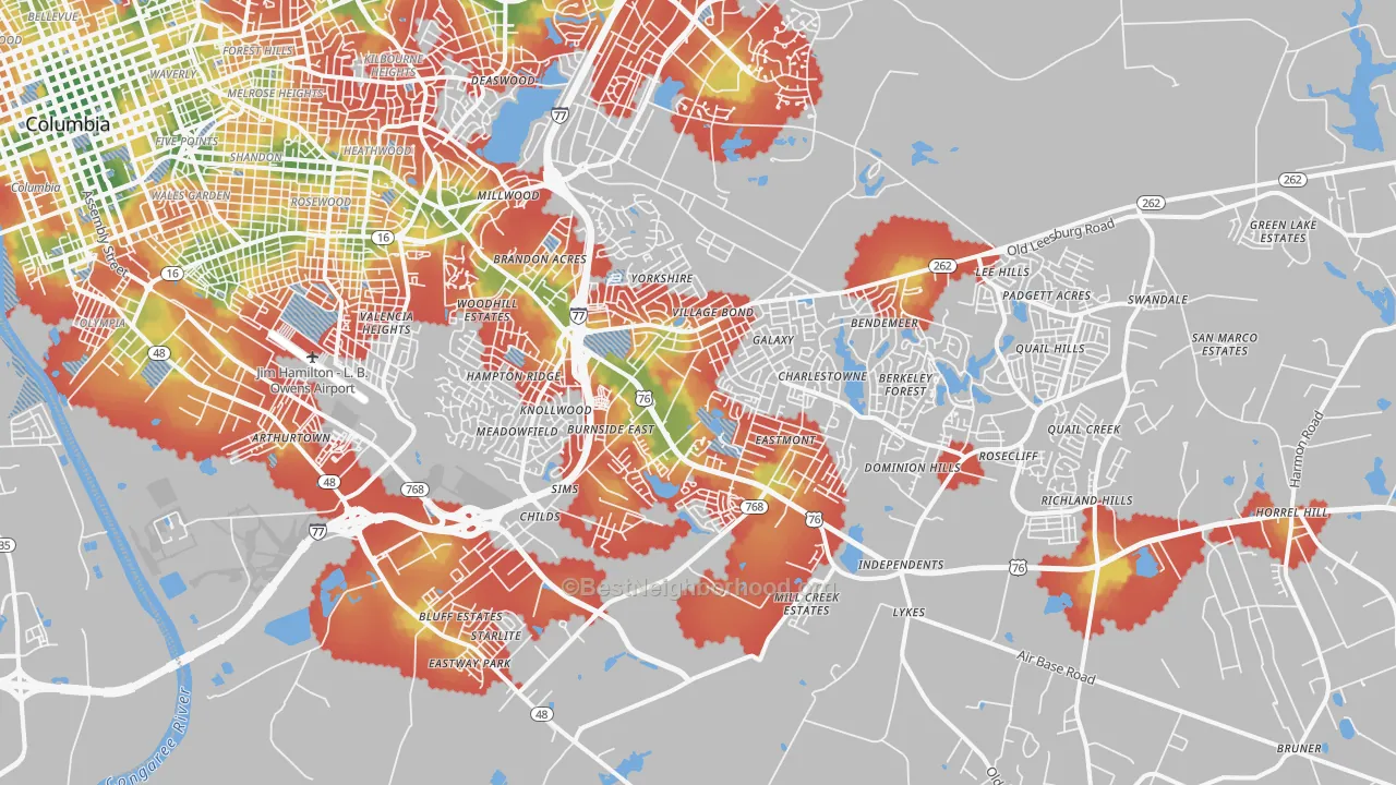 Walk Grade map of 29209, SC, walkable areas in green and car-dependent areas in red