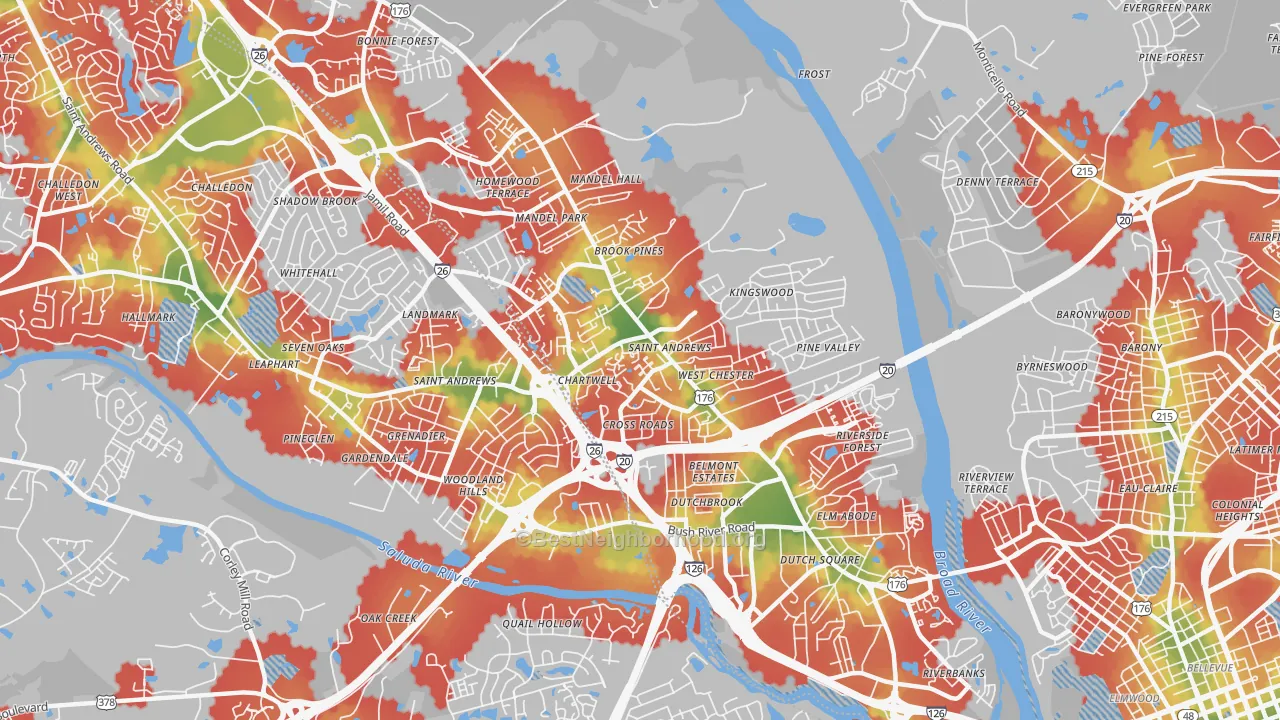 Walk Grade map of 29210, SC, walkable areas in green and car-dependent areas in red