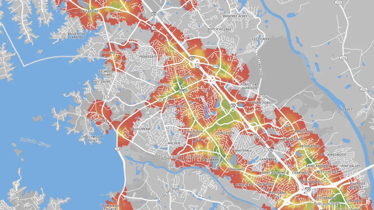 Walk Grade map of 29212, SC, walkable areas in green and car-dependent areas in red