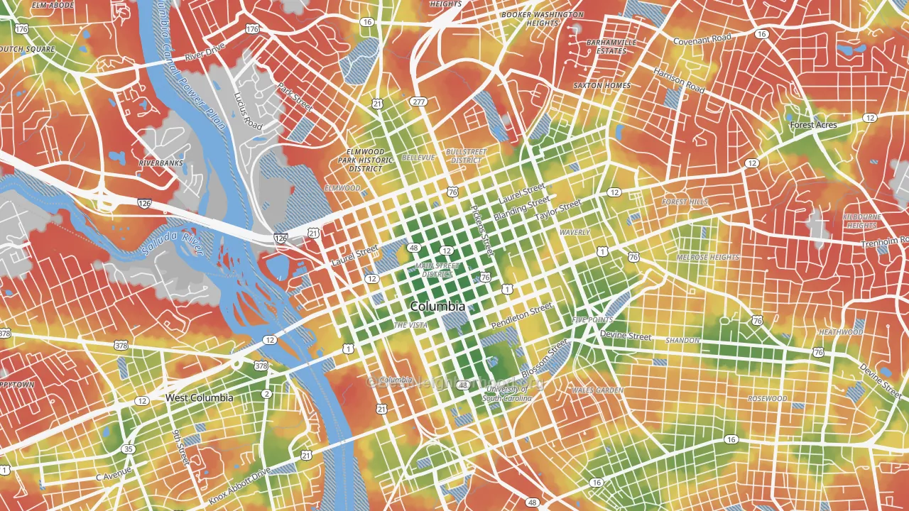 Walk Grade map of 29220, SC, walkable areas in green and car-dependent areas in red
