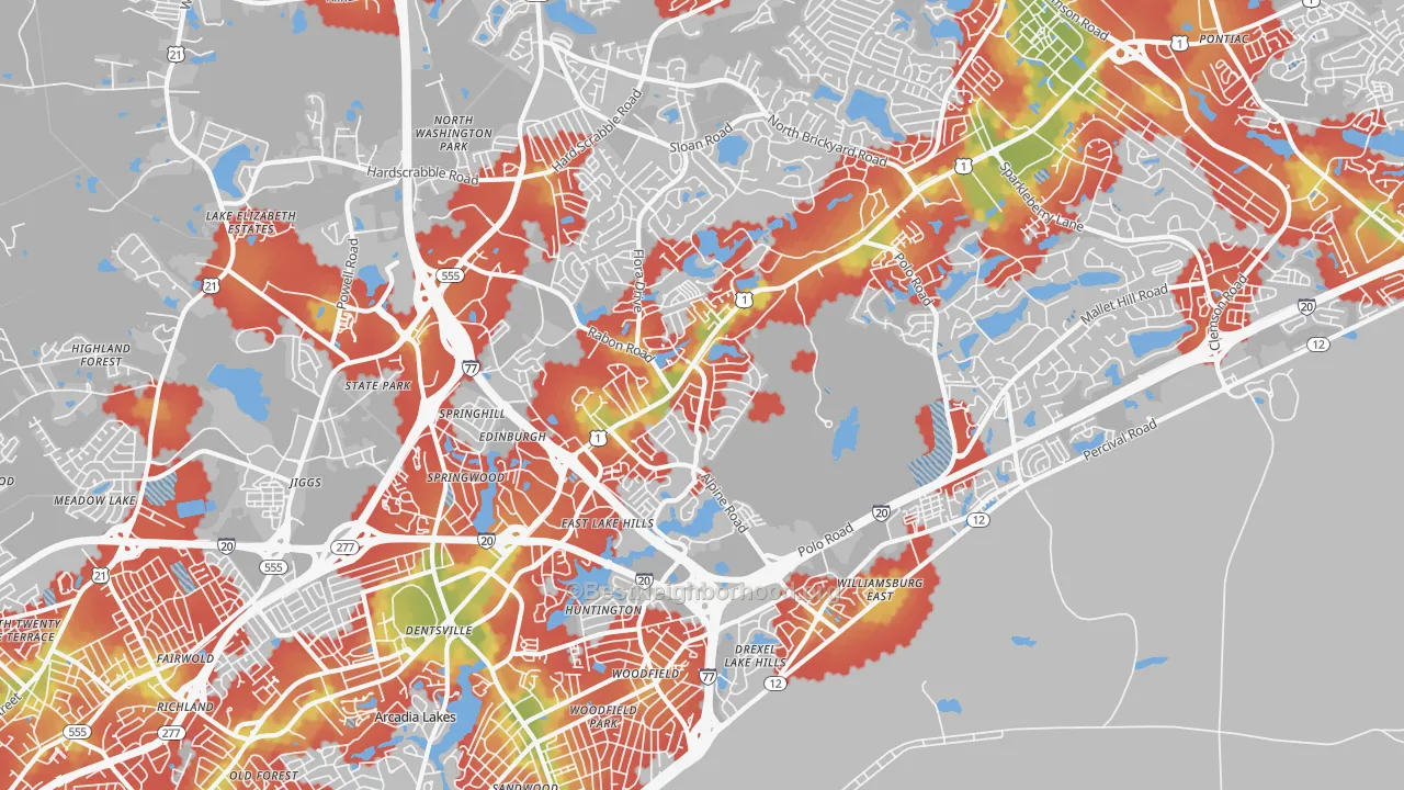 Walk Grade map of 29223, SC, walkable areas in green and car-dependent areas in red