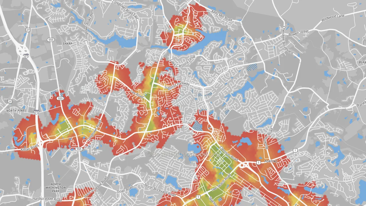 Walk Grade map of 29229, SC, walkable areas in green and car-dependent areas in red