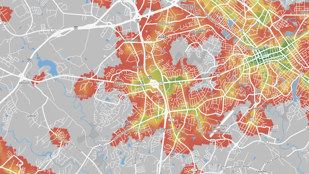 Walk Grade map of 29301, SC, walkable areas in green and car-dependent areas in red