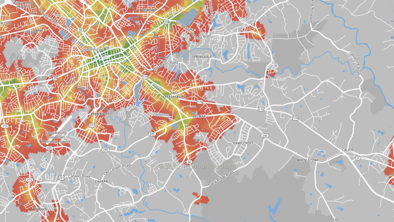 Walk Grade map of 29302, SC, walkable areas in green and car-dependent areas in red