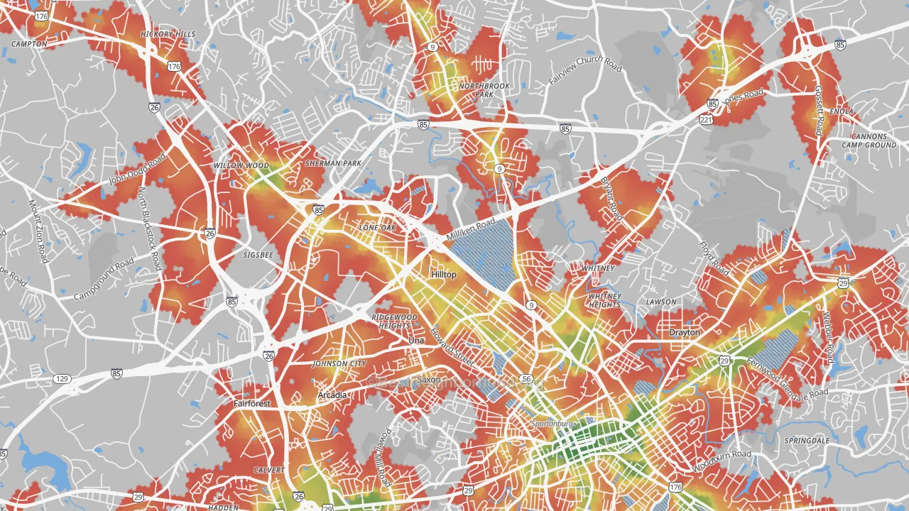 Walk Grade map of 29303, SC, walkable areas in green and car-dependent areas in red