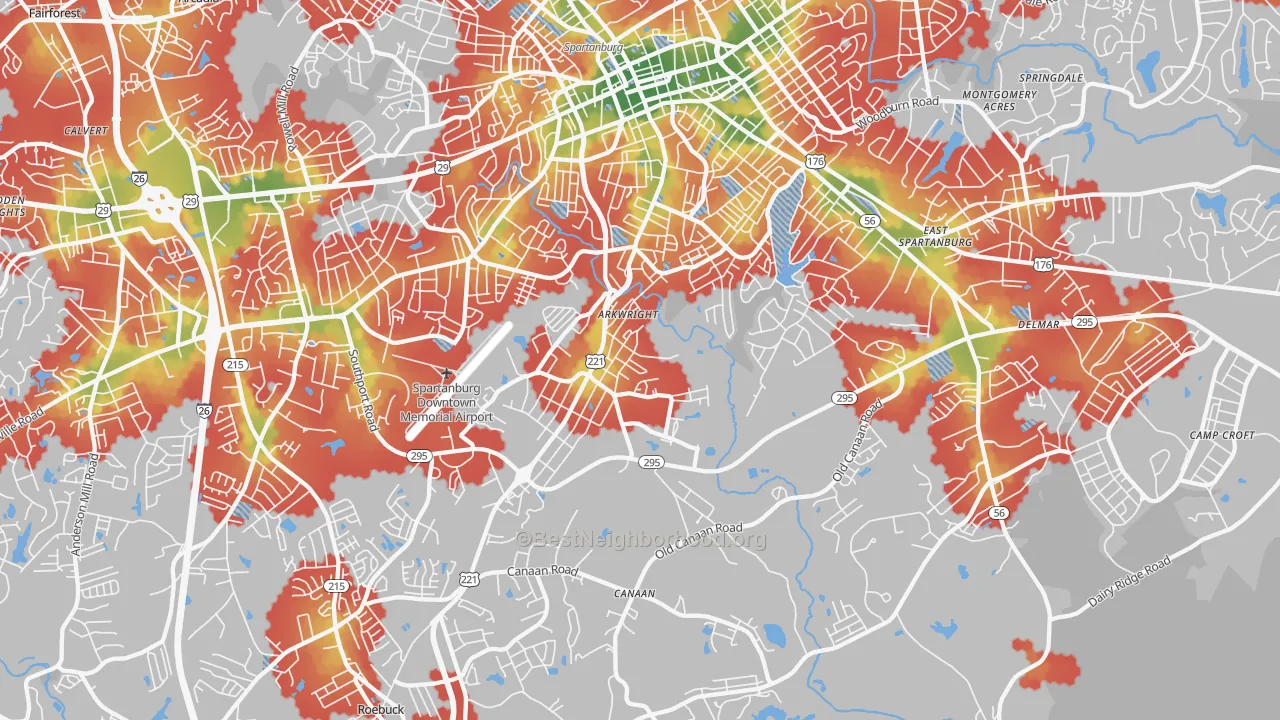 Walk Grade map of 29306, SC, walkable areas in green and car-dependent areas in red