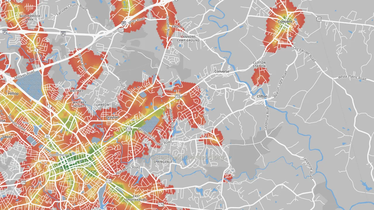 Walk Grade map of 29307, SC, walkable areas in green and car-dependent areas in red