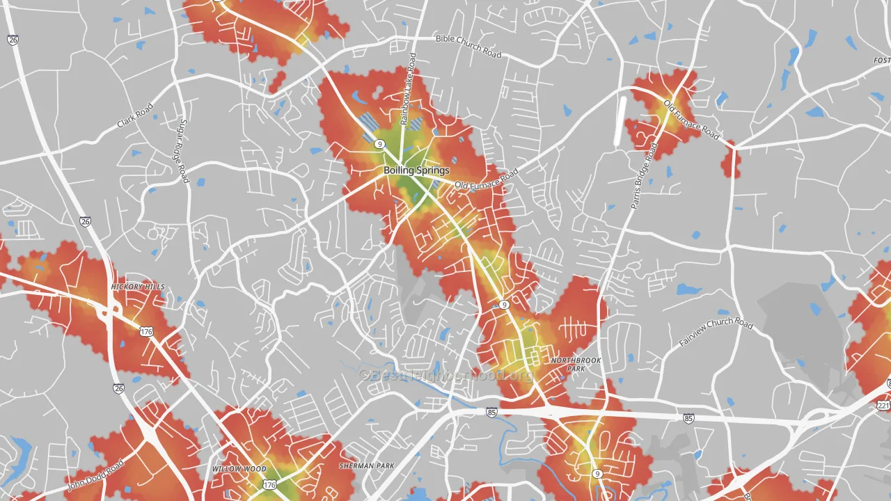 Walk Grade map of 29316, SC, walkable areas in green and car-dependent areas in red