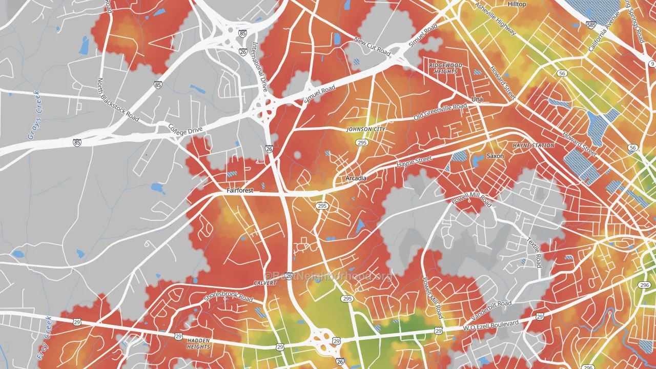Walk Grade map of 29320, SC, walkable areas in green and car-dependent areas in red