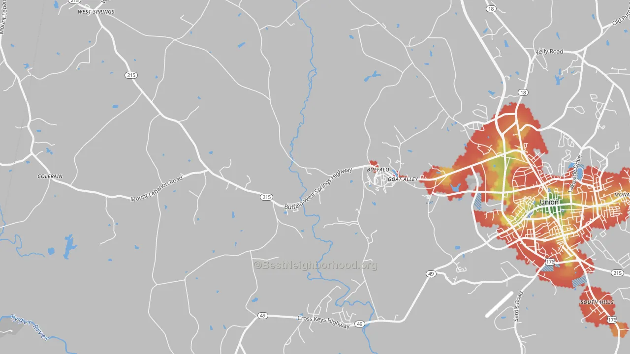 Walk Grade map of 29321, SC, walkable areas in green and car-dependent areas in red