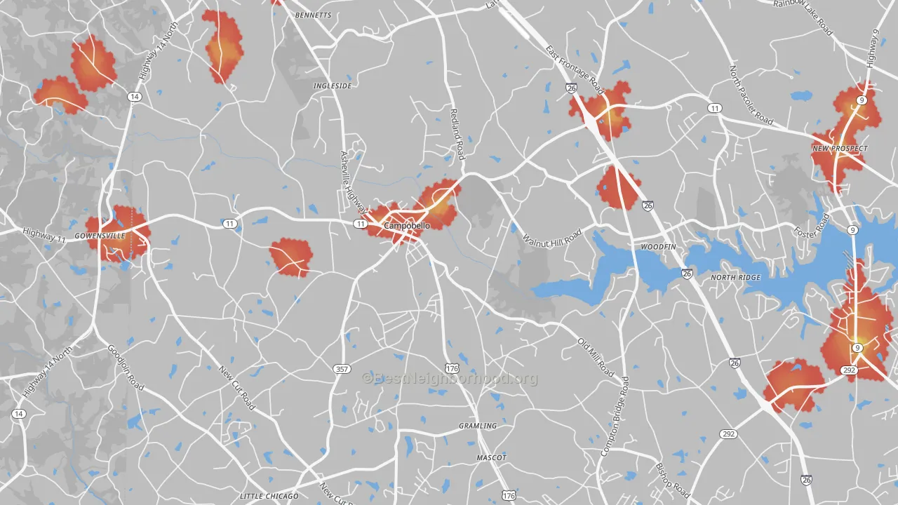 Walk Grade map of 29322, SC, walkable areas in green and car-dependent areas in red