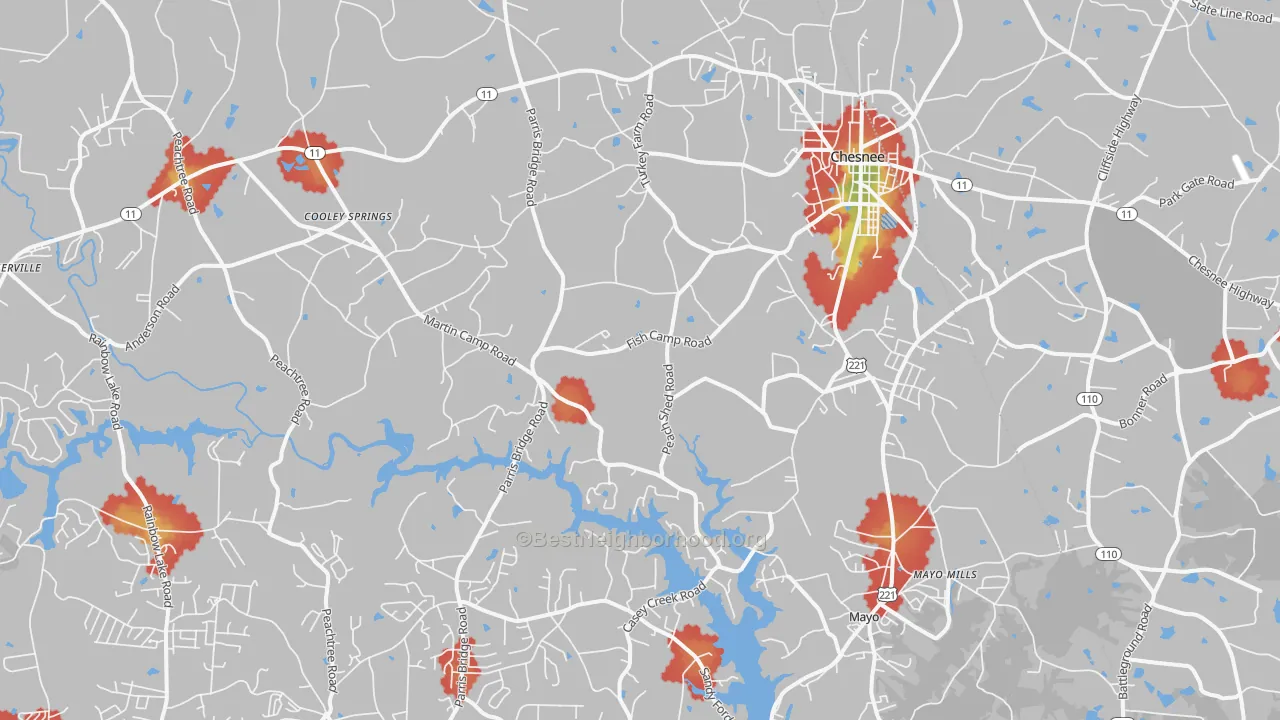 Walk Grade map of 29323, SC, walkable areas in green and car-dependent areas in red