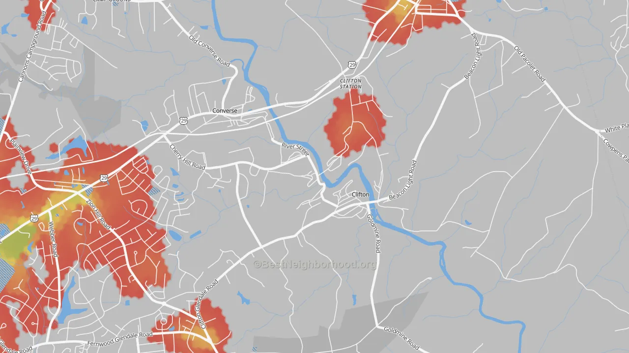 Walk Grade map of 29324, SC, walkable areas in green and car-dependent areas in red