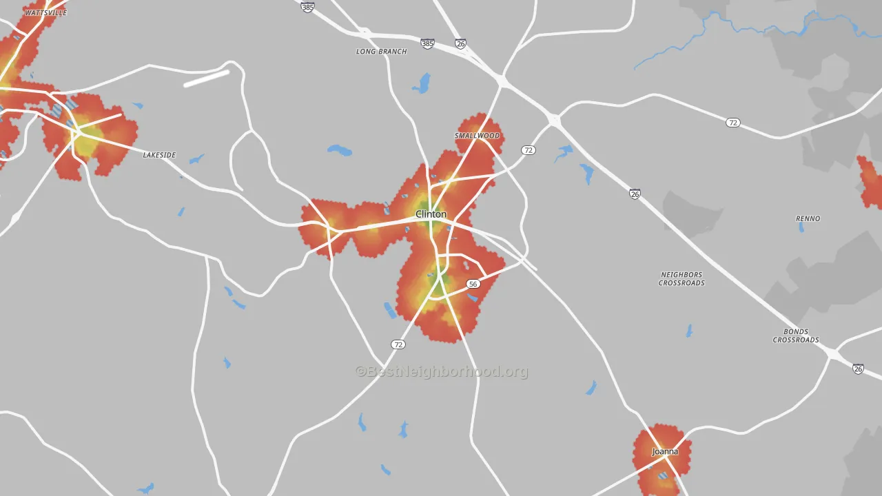 Walk Grade map of 29325, SC, walkable areas in green and car-dependent areas in red