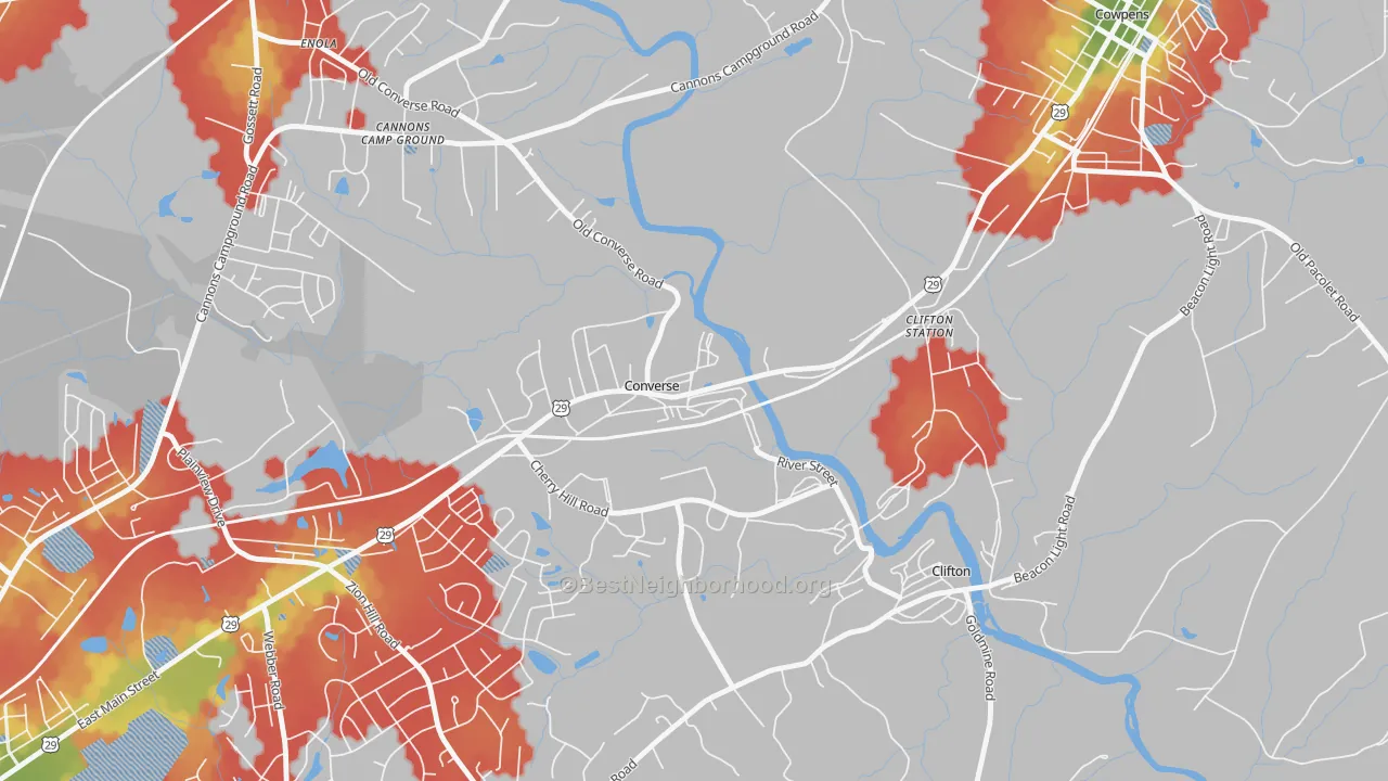 Walk Grade map of 29329, SC, walkable areas in green and car-dependent areas in red