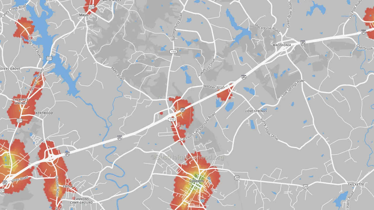 Walk Grade map of 29330, SC, walkable areas in green and car-dependent areas in red