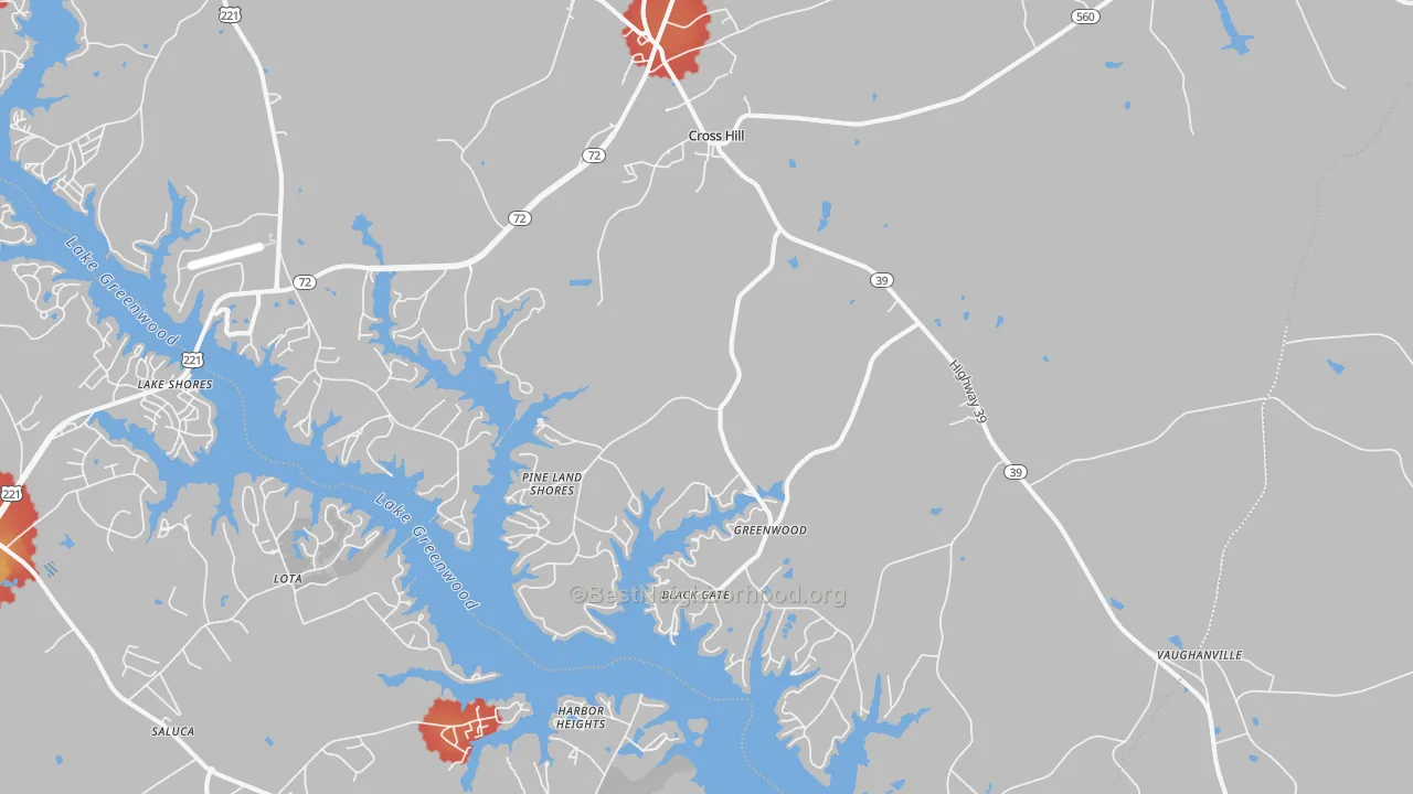 Walk Grade map of 29332, SC, walkable areas in green and car-dependent areas in red