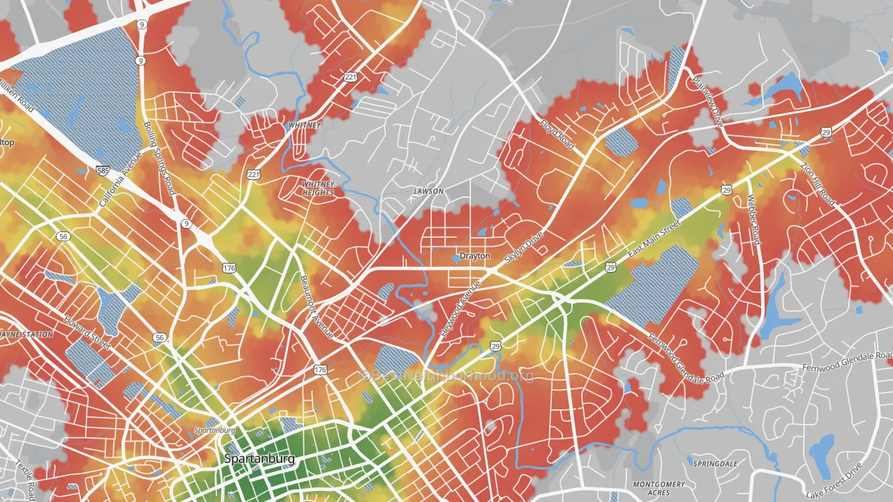 Walk Grade map of 29333, SC, walkable areas in green and car-dependent areas in red
