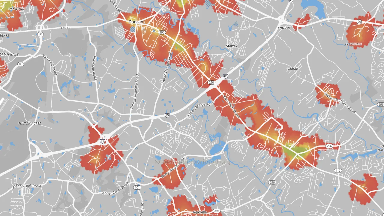 Walk Grade map of 29334, SC, walkable areas in green and car-dependent areas in red