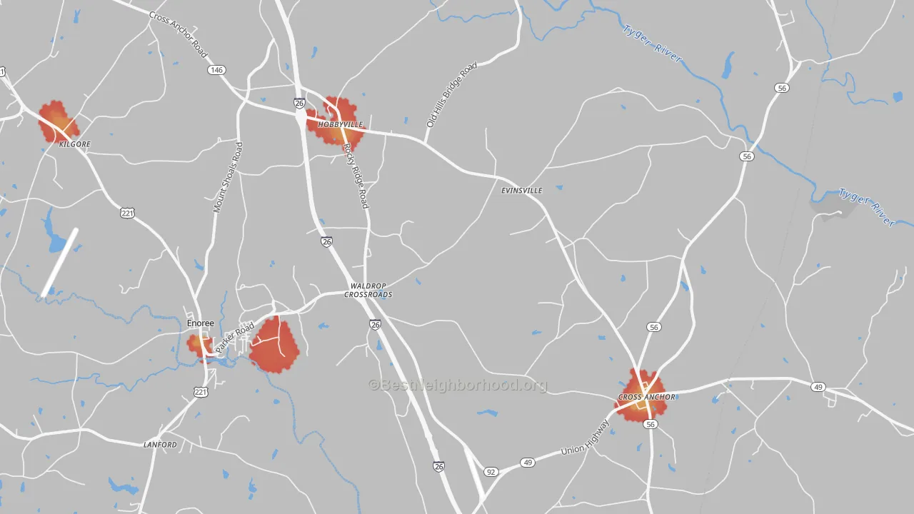 Walk Grade map of 29335, SC, walkable areas in green and car-dependent areas in red