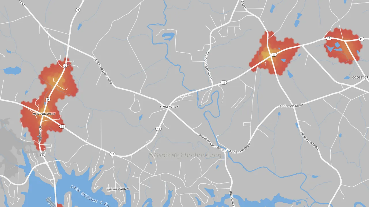 Walk Grade map of 29338, SC, walkable areas in green and car-dependent areas in red