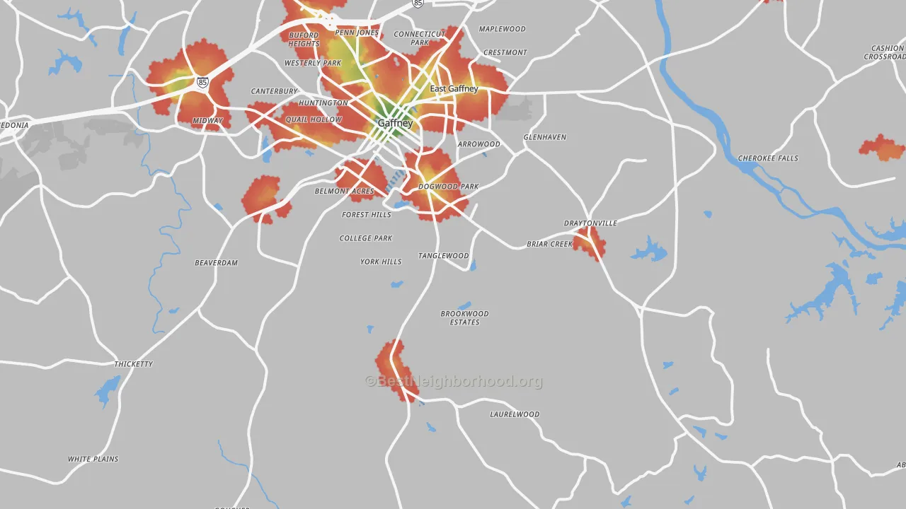 Walk Grade map of 29340, SC, walkable areas in green and car-dependent areas in red
