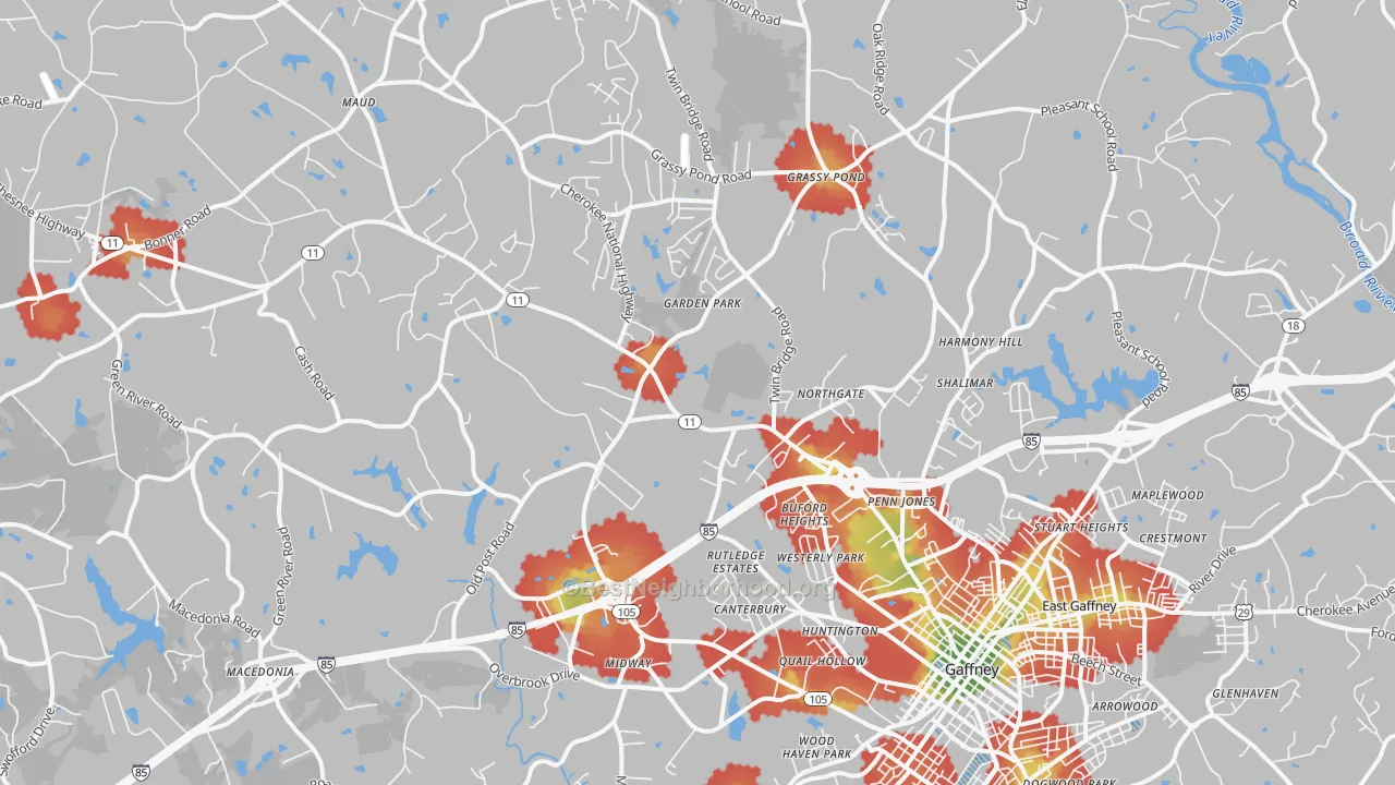 Walk Grade map of 29341, SC, walkable areas in green and car-dependent areas in red