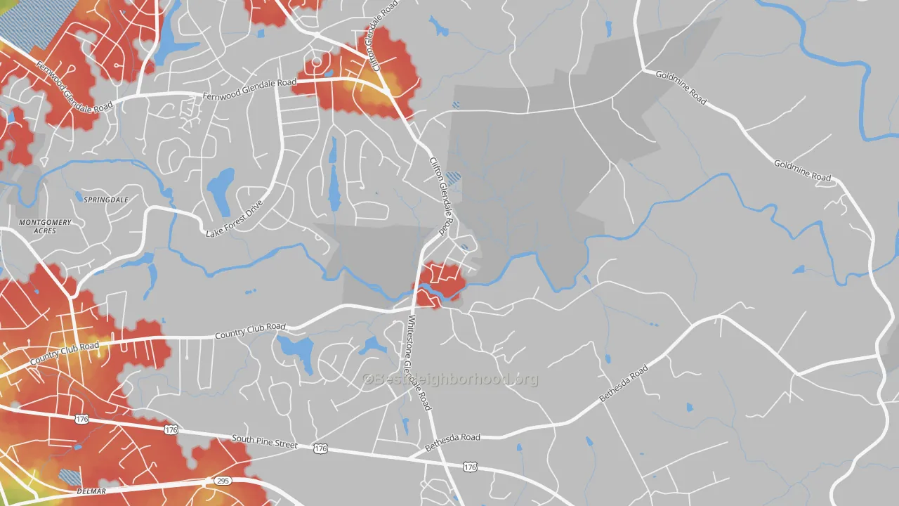 Walk Grade map of 29346, SC, walkable areas in green and car-dependent areas in red