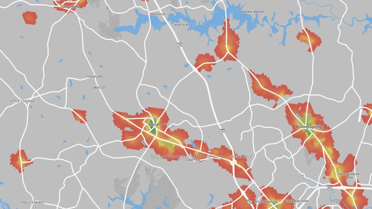 Walk Grade map of 29349, SC, walkable areas in green and car-dependent areas in red