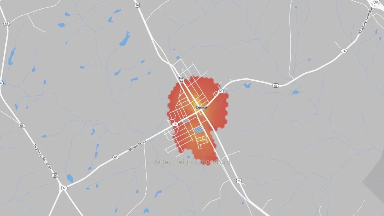 Walk Grade map of 29351, SC, walkable areas in green and car-dependent areas in red