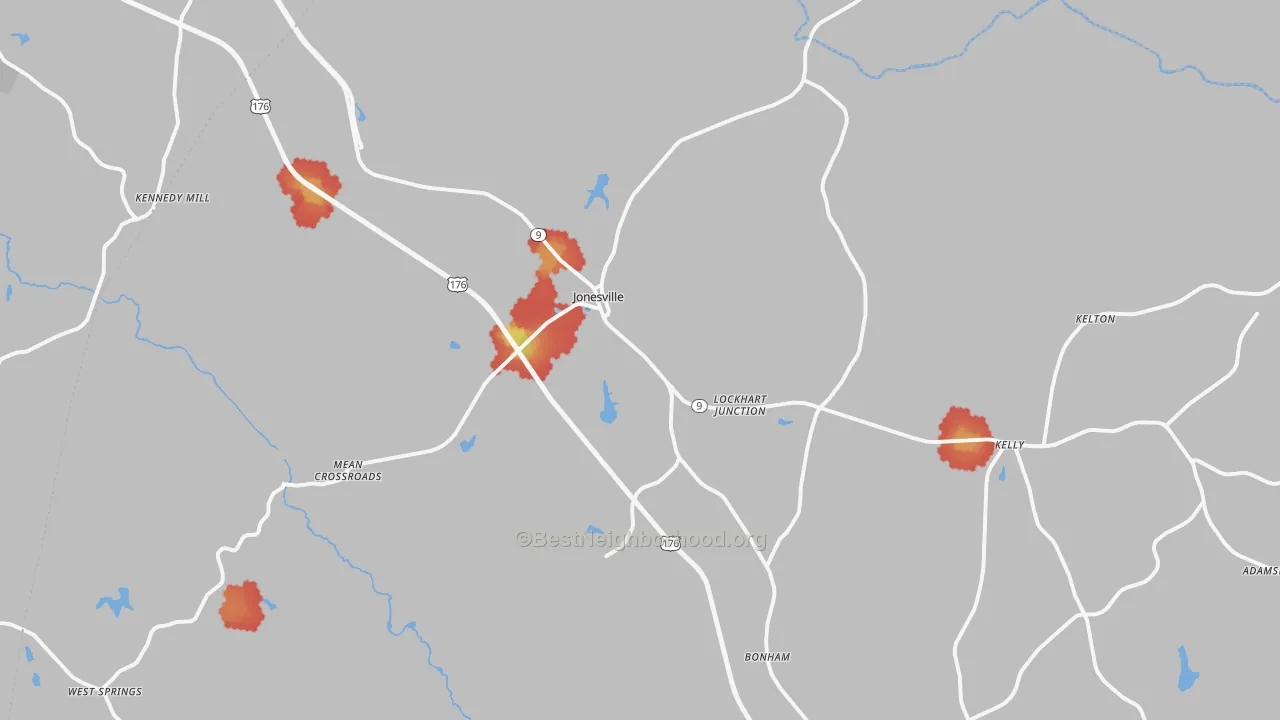 Walk Grade map of 29353, SC, walkable areas in green and car-dependent areas in red
