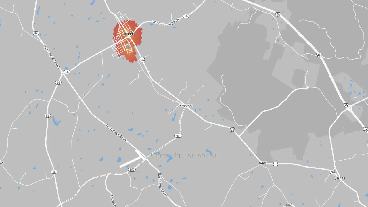 Walk Grade map of 29355, SC, walkable areas in green and car-dependent areas in red