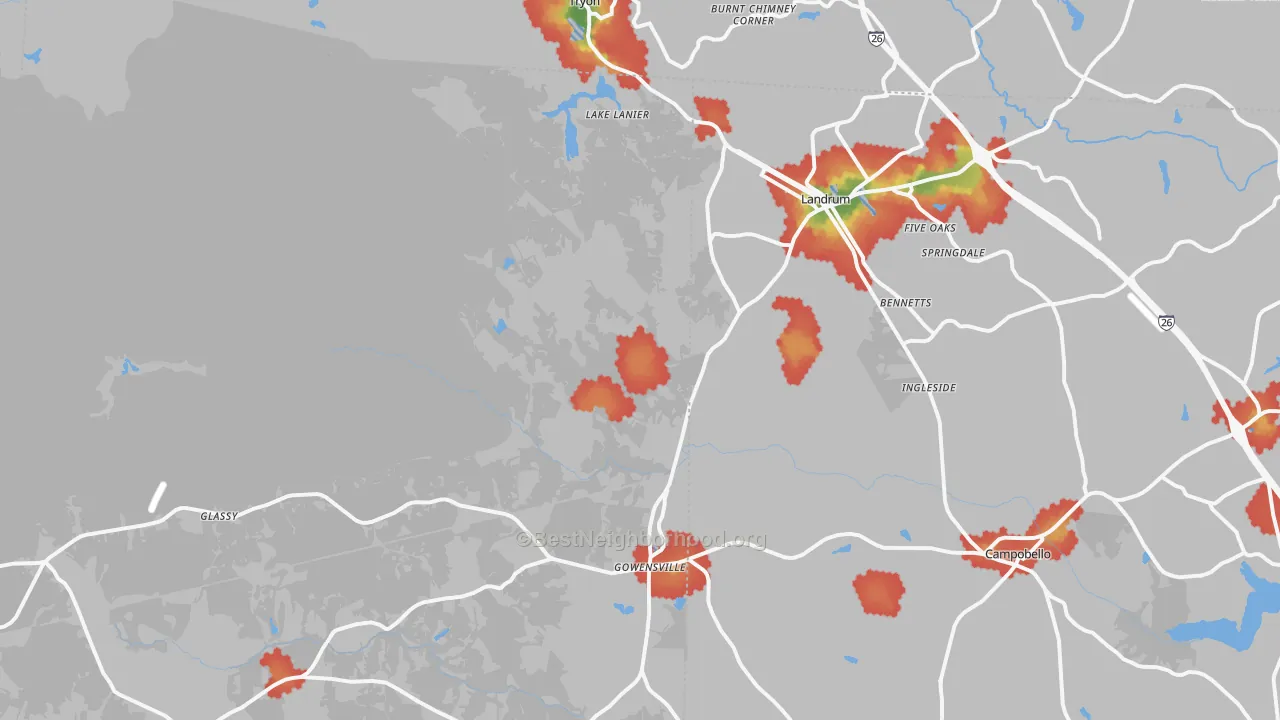 Walk Grade map of 29356, SC, walkable areas in green and car-dependent areas in red