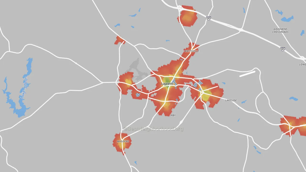 Walk Grade map of 29360, SC, walkable areas in green and car-dependent areas in red