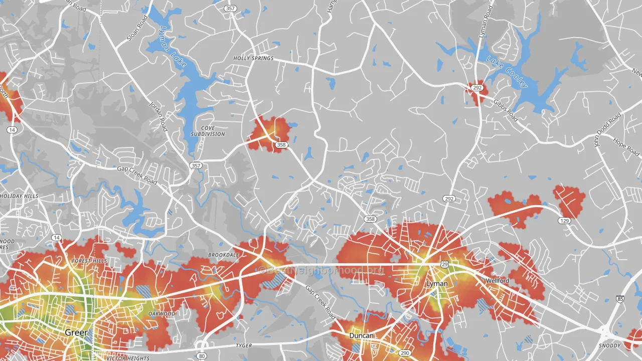 Walk Grade map of 29365, SC, walkable areas in green and car-dependent areas in red